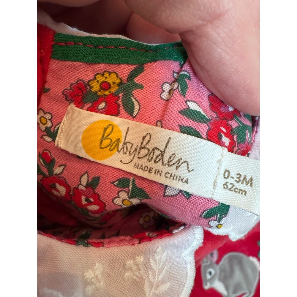 Mini Boden Appliqué Velvet Dress Poppy Red Size 0-3 Months Lined Lace Collar - Picture 8 of 11